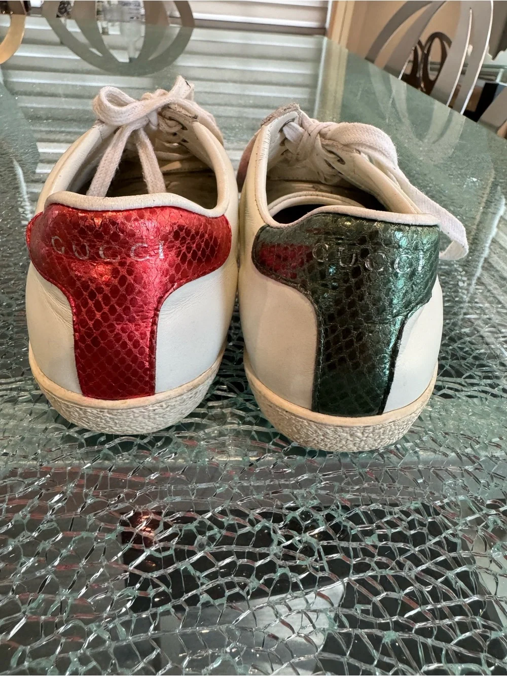 Gucci White Leather Women's Sneakers with Green & Red Stripe and Gold Bee 37